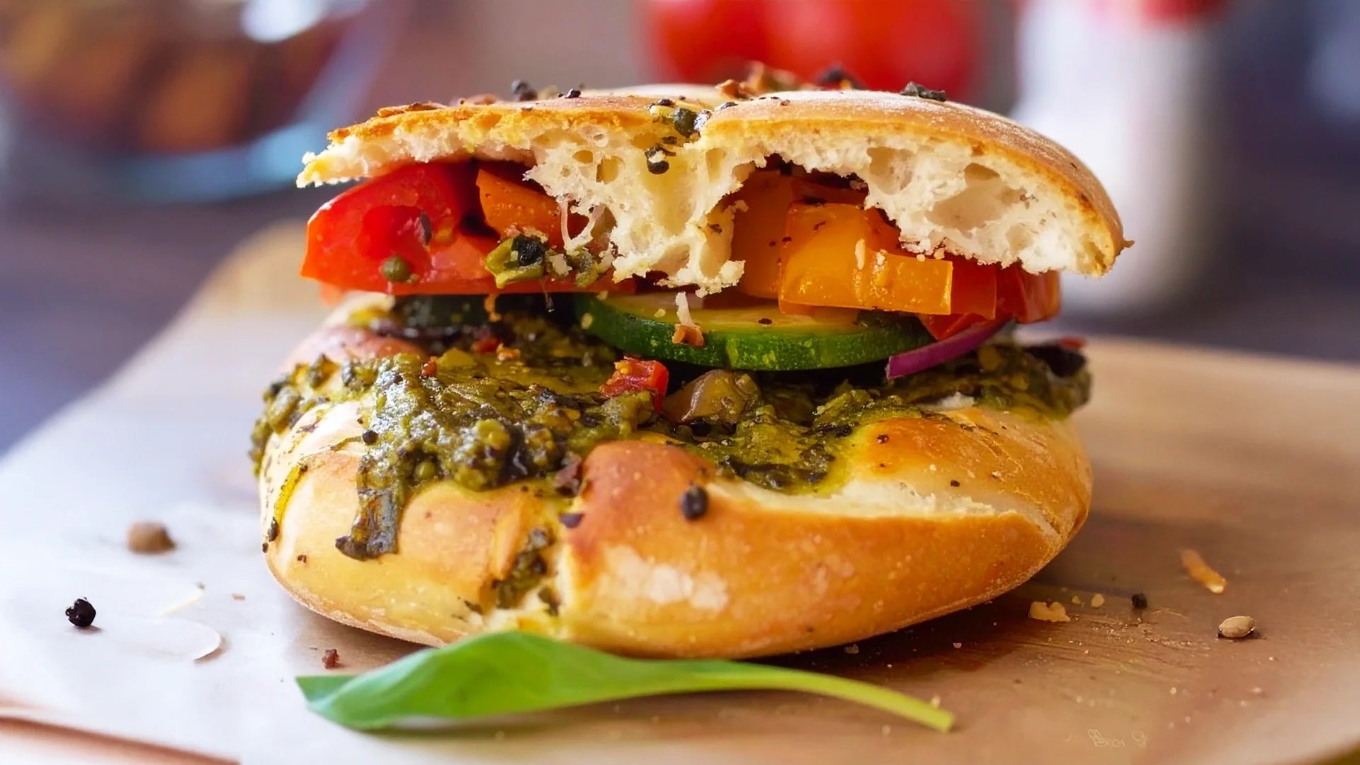 veggie pesto focaccia sub, zero maida focaccia sourdough