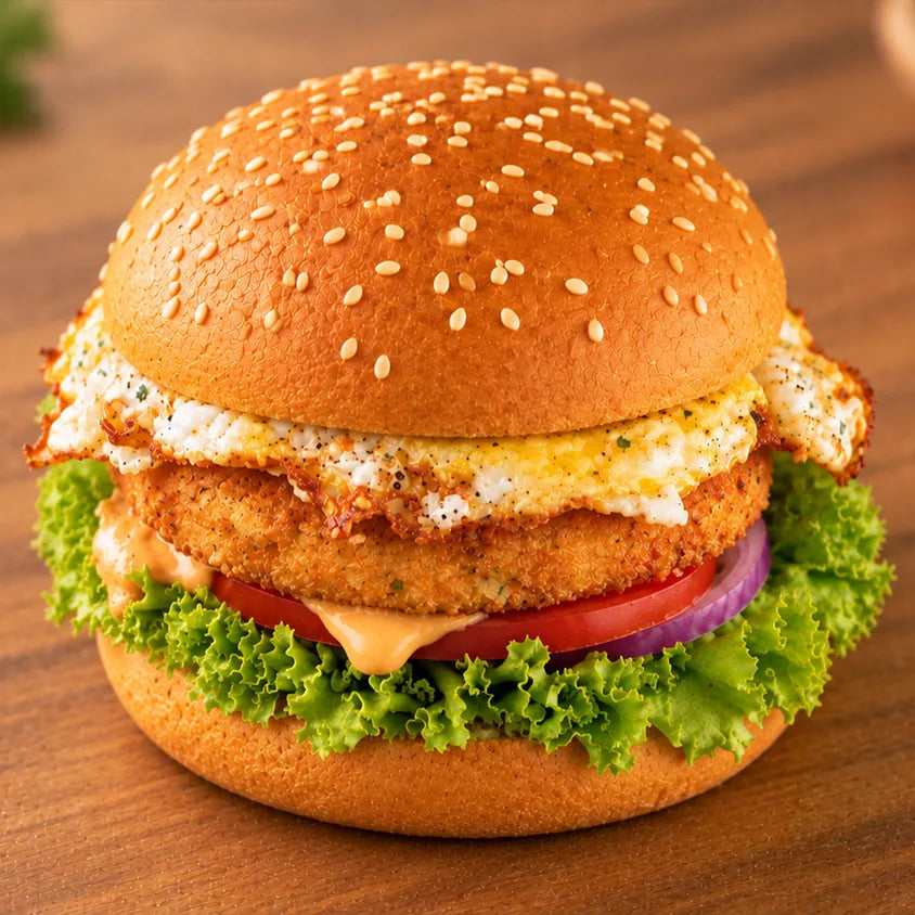 Double patty burger in a Zero Maida burger bun with fresh vegetables