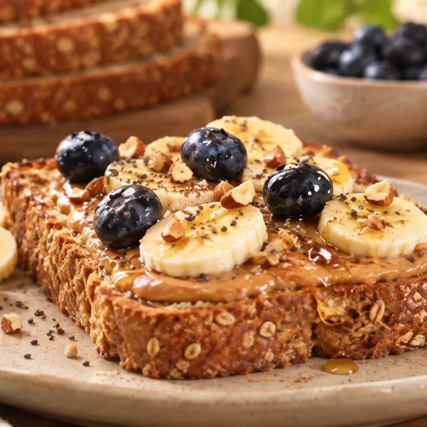 Peanut butter toast with banana and blueberries on Zero Maida bread