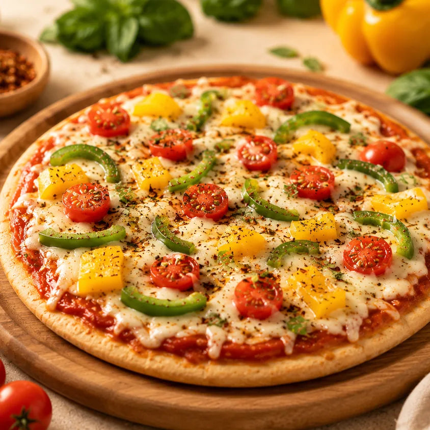 Veggie pizza on a Zero Maida pizza base with peppers, tomatoes and basil