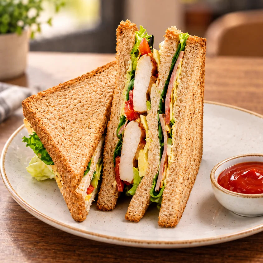 Club sandwich made with Zero Maida bread, served with ketchup and fries